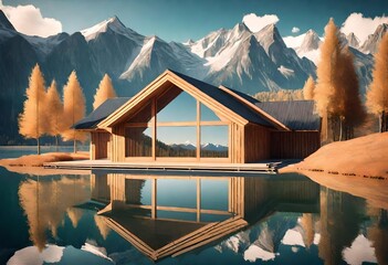 Mirror Lake Reflecting Wooden House in Middle of Lake Overlooking Mountain Ranges. Generative AI