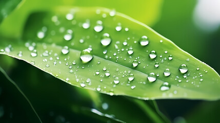 Raindrops on green leaves in nature close-up