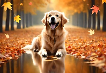 Happy golden retriever dog on Autumn nature background, wide web banner. Autumn activities for dogs. Fall Care Advice For Dogs. Preparing dog for walks in autumn and fireworks. Generative AI - obrazy, fototapety, plakaty