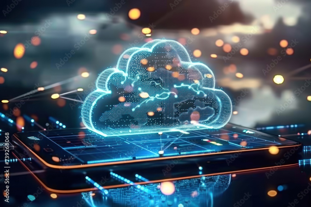 Poster cloud technology concept on tablet or electronic panel symbolizing online data storage abstract digi