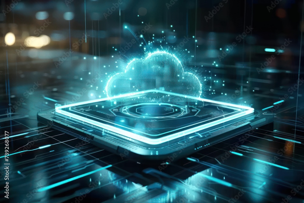 Poster cloud technology concept on tablet or electronic panel symbolizing online data storage abstract digi