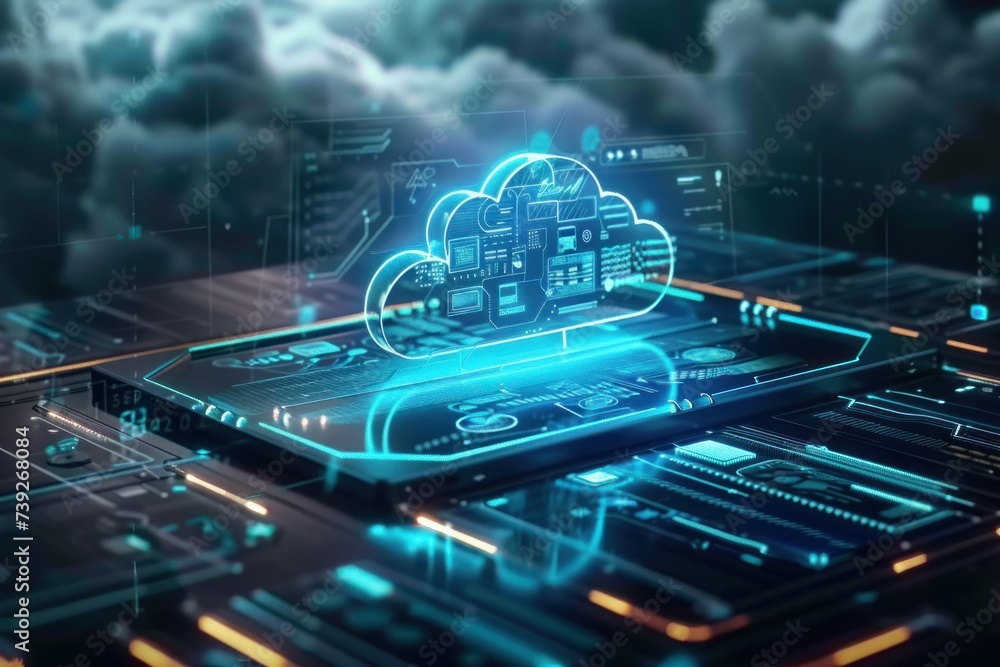 Poster cloud technology concept on tablet or electronic panel symbolizing online data storage abstract digi