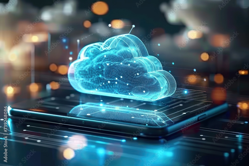 Poster cloud technology concept on tablet or electronic panel symbolizing online data storage abstract digi