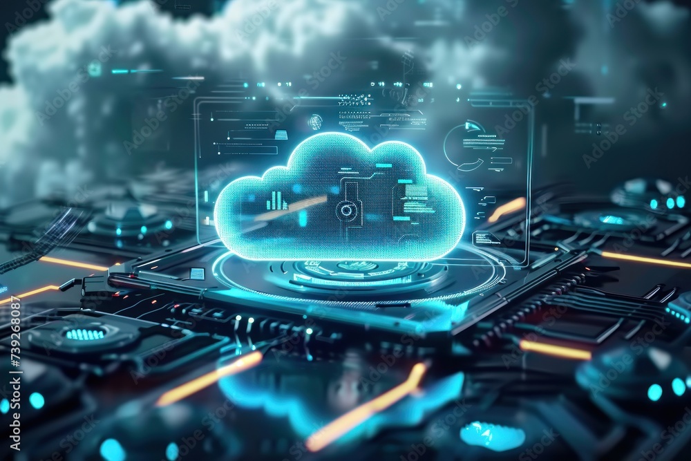 Poster cloud technology concept on tablet or electronic panel symbolizing online data storage abstract digi
