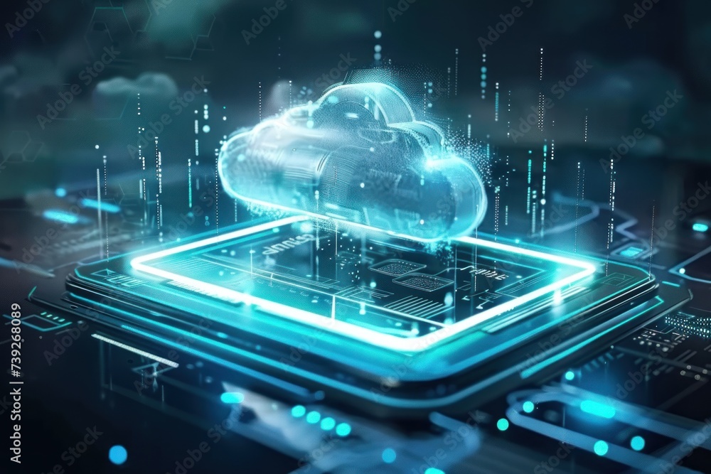 Poster cloud technology concept on tablet or electronic panel symbolizing online data storage abstract digi