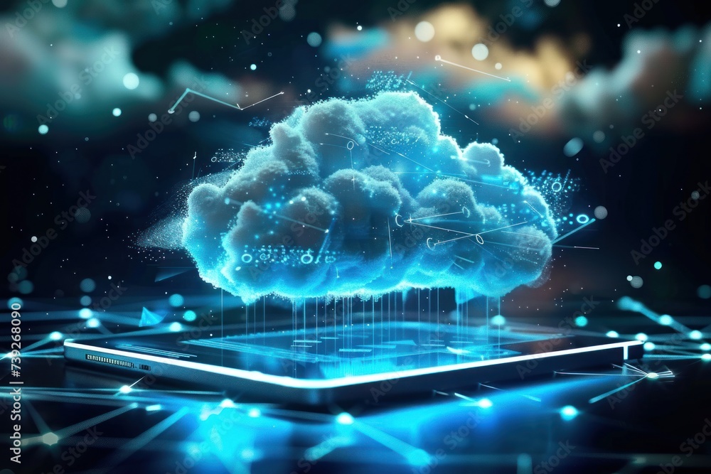 Poster cloud technology concept on tablet or electronic panel symbolizing online data storage abstract digi
