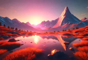 Photo sur Plexiglas Matin avec brouillard A vibrant sunrise illuminating a serene mountain range. Generative AI