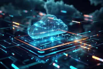 Cloud technology concept on tablet or electronic panel symbolizing online data storage abstract digital networking and cloud computing highlighting and security in modern business and communication