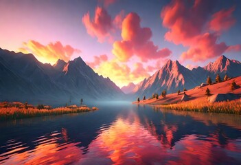 Fototapeta na wymiar A vibrant sunrise illuminating a serene mountain range. Generative AI