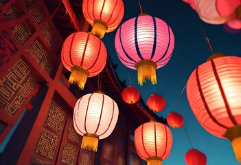 Close up of colorful chinese paper lanterns for new year celebration. Generative AI