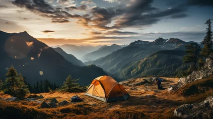 Zelfklevend Fotobehang Campsite in a remote area at dawn, tent set up with a view of mountains in the distance, conveying the peacefulness and beauty of camping in nature, Photorealis © ProVector