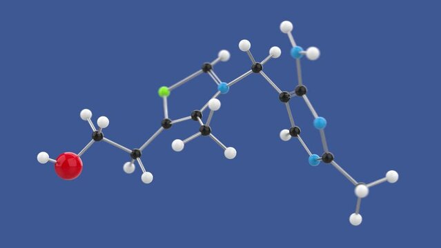 Vitamin B1 Thiamine or aneurine 3D molecule structure loop animation, spinning on blue background, 4k infinite looping render