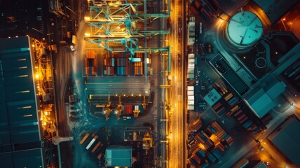 Top view of Industrial Port with Cargo Containers - Nighttime aerial shot of a busy industrial port filled with colorful cargo containers, symbolizing global trade and logistics.