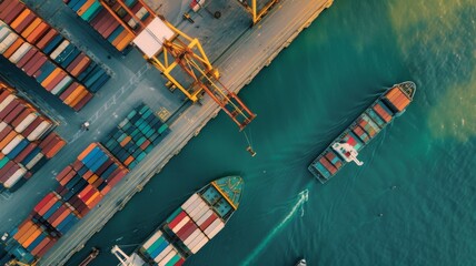 Top view of Container Ship in Export and Import Business Logistics - Overhead view of a container ship at sea, representing the import and export activities in international business logistics. - obrazy, fototapety, plakaty