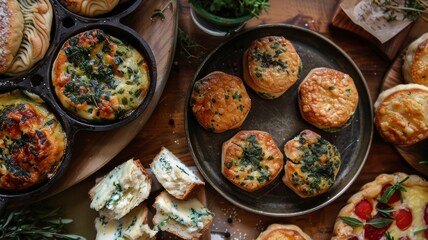 Savory Breakfast Selection - A variety of savory breakfast items, including cheese scones and herb rolls, served on a slate plate, ideal for a brunch spread. - obrazy, fototapety, plakaty