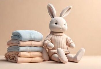 Pile of baby jersey sweaters and textile in beige pastel colors and cute bunny toy. Generative AI