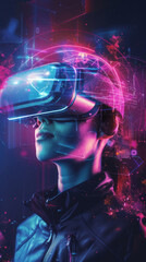 Cybernetic Vision of VR - A close-up of a person wearing a VR headset, illuminated by a network of cybernetic patterns, representing the fusion of human senses and virtual interfaces.