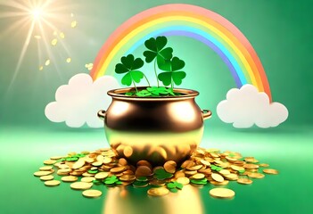 Banner with Pot of gold coins, clover leaves and rainbow. St. Patrick's day concept. Generative AI illustration