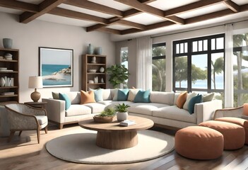 beautiful small space casual living family room soft neutral wood beams and a gorgeous grouping of swivel color fabric chairs around a striking coffee table coastal design nature freshness home   