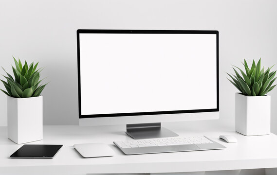 Modern desktop computer with blank white screen on white table. Mock up, 3D Rendering