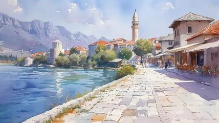 Türaufkleber Watercolor painting of small Balkan town © senadesign