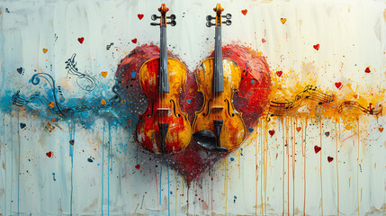 An abstract painting featuring two violins and musical notes creating a heart shape. Rich, colorful splashes add a romantic touch. Perfect for: music lovers, art enthusiasts, romantic imagery. - obrazy, fototapety, plakaty