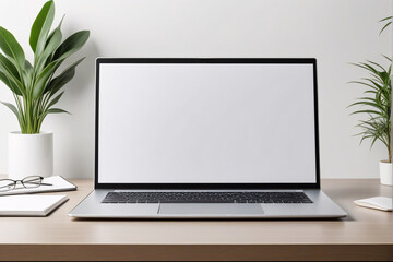 Laptop with blank screen on white table. 3d rendering.