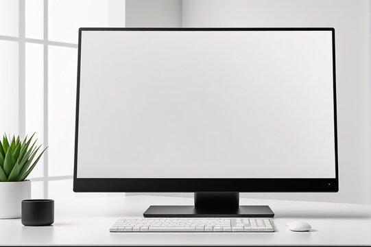 Modern desktop computer with blank white screen on white table. Mock up, 3D Rendering