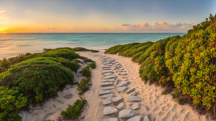 Beautiful sunrise over the sea with stone path and green bushes.