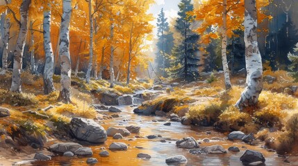 A beautiful forest landscape with a river as a digital illustration