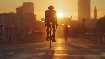 An athlete training on a road bike at sunrise pushing the limits of endurance and speed against a backdrop of a waking city. - obrazy, fototapety, plakaty