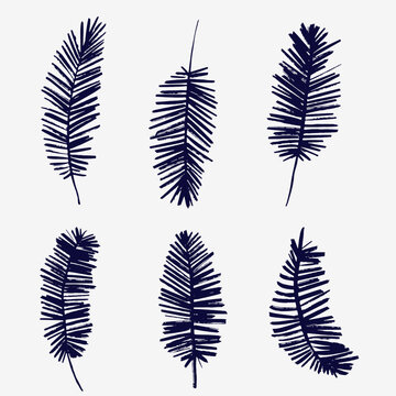 Collection of ink drawing palm leaves, monochrome artistic botanical illustration. Palm Leaf Illustration isolated floral elements, hand drawn illustration. Black palms leaves and banana leaves.