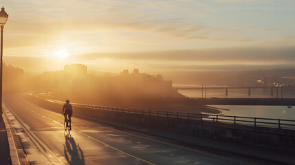 An athlete training on a road bike at sunrise pushing the limits of endurance and speed against a backdrop of a waking city. - obrazy, fototapety, plakaty