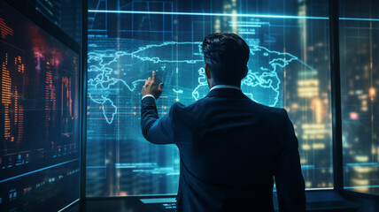 Business man touching digital data visualization on virtual screen, behind view. high technology concept.