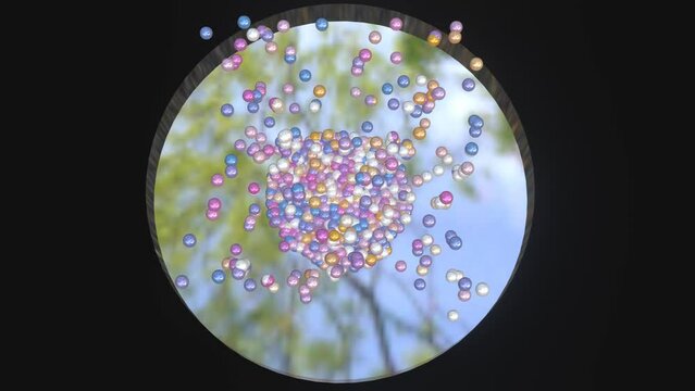 A motion graphic physics simulation of the 20 thousand  abstract colorful softball  falling and accumulating in the glass case.