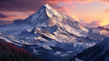 An alpine mountain chain at sunset, the sky painted in hues of pink and orange, the snow-capped peaks glowing softly, the air clear and crisp, Photography, tele