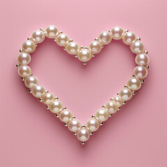 Obraz premium Pearl necklace in shape of heart on pink background. Flat lay. Minimal love concept. 