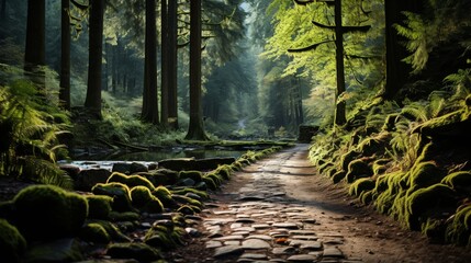 An enchanted woodland path, the trees old and towering, moss and ferns covering the ground, the air cool and fragrant, the trail inviting and mysterious, Photog