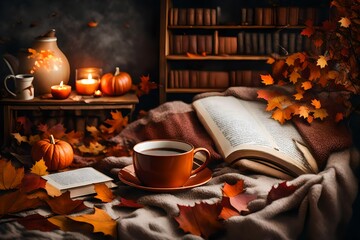 Autumn cozy mood. Fall cozy reading nook with a blanket, bookshelf filled with autumn-themed books, and a cup of tea or hot chocolate - obrazy, fototapety, plakaty