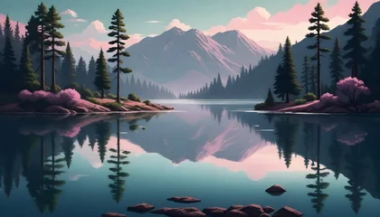 Fototapeten A tranquil lake with clear reflections of surrounding mountains and pine trees under a pink sky © JazzRock