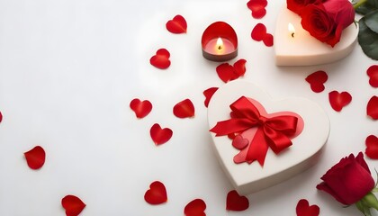 A red rose, red heart-shaped box with a bow, rose petals scattered, a lit candle, and small heart shapes on a plain light background - Powered by Adobe