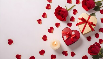 A red rose, red heart-shaped box with a bow, rose petals scattered, a lit candle, and small heart shapes on a plain light background