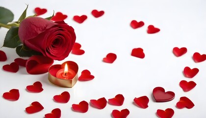A red rose, scattered rose petals, a burning candle and small heart shapes on a plain light background