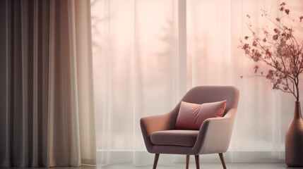 Serene interior design with a mauve armchair and dried flowers by sheer curtains