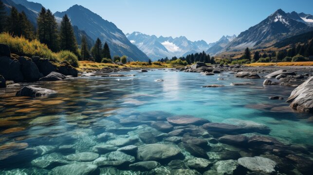 Alpine lake surrounded by snow-capped mountains, crystal clear water revealing the rocky bottom, pristine and untouched nature, Photography, high-resolution ima