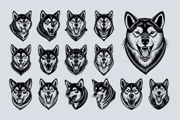 Fototapeta premium Collection of barking Shiba inu dog head illustration design
