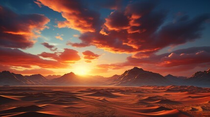 Expansive view of a desert landscape at sunset, sand dunes and dramatic sky, conveying the serene and stark beauty of arid environments, Photorealistic, desert