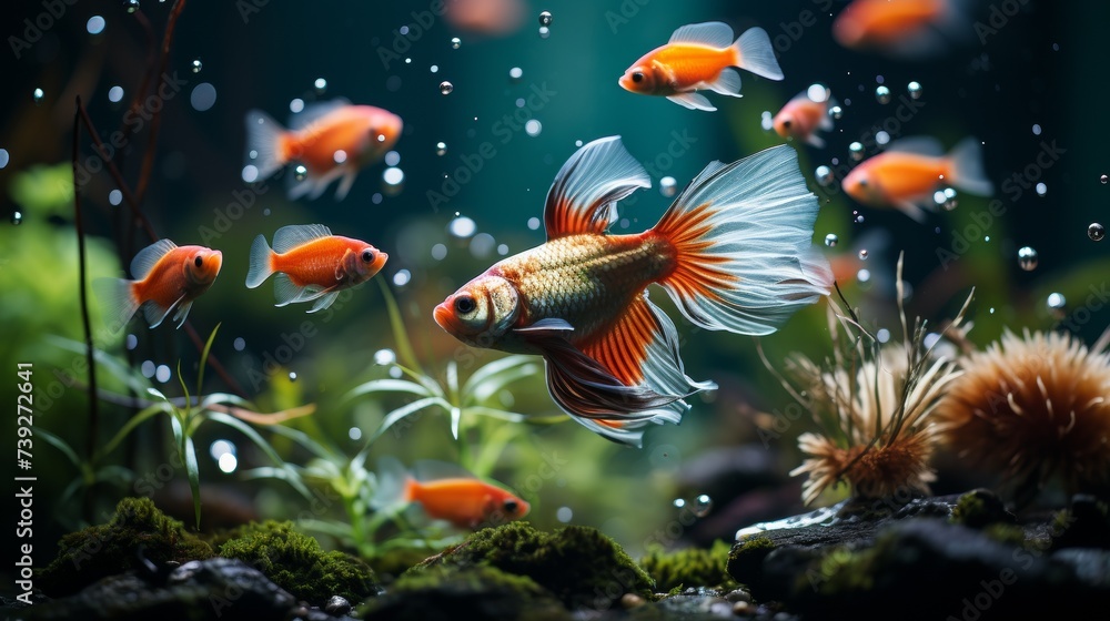 Wall mural aquarium with a variety of colorful fish, detailed view of the aquatic plants and decorations, empha