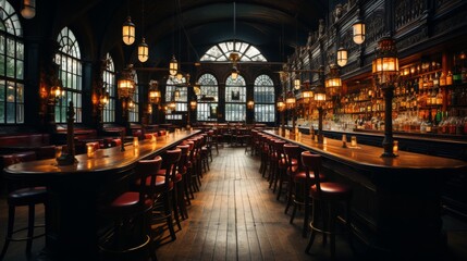 An empty city pub with classic wooden interiors, dim lighting, rows of bottles on shelves, an inviting yet solitary ambiance, Photography, indoor lighting techn - obrazy, fototapety, plakaty