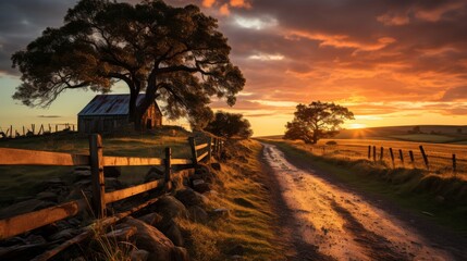 Fototapeta premium An old wooden fence meandering along a country lane, the setting sun casting a warm, golden glow over the meadows, the scene a picturesque embodiment of peacefu